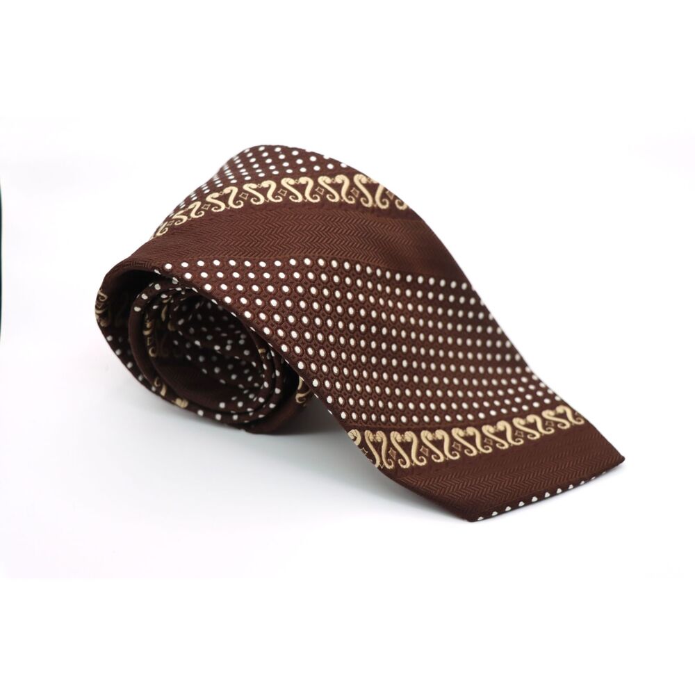 Vintage Pierre Cardin Paris NY Brown Polka Dot Scroll Tie 4” Wide